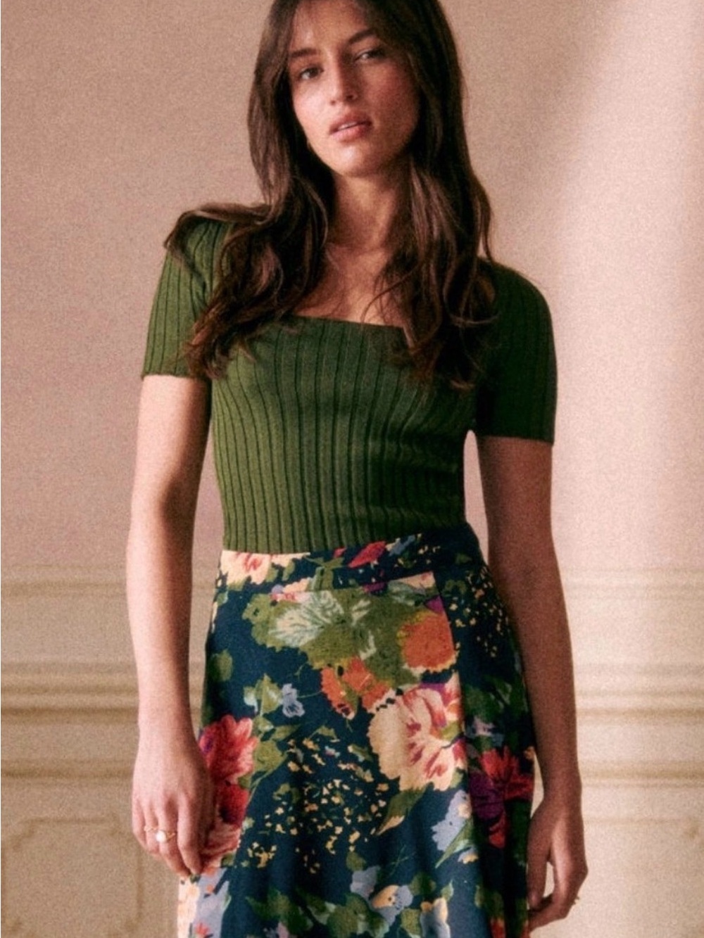 Sezane Navy Floral Wrap Midi Skirt with Multicolor Blooms